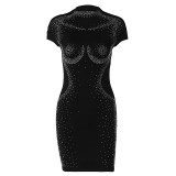 Sexy Rhinestone Mock Neck Short Sleeve Bodycon Dress