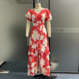 Summer Floral Print Fashion V Neck Layered Maix Dress