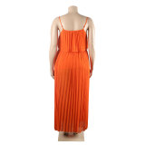 Sexy Plus Size Pleated Skirt Set Orange Cami Top and Long Skirt