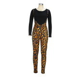 Leopard Print Suspender Two Piece Pants Set with Black Long Sleeve Top