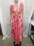 Summer Fashion Print Deep-V Cut Out Low Back Ruffles Maxi Dress