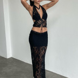 Black Lace Halter Plunge Long Skirt Two-Piece Set