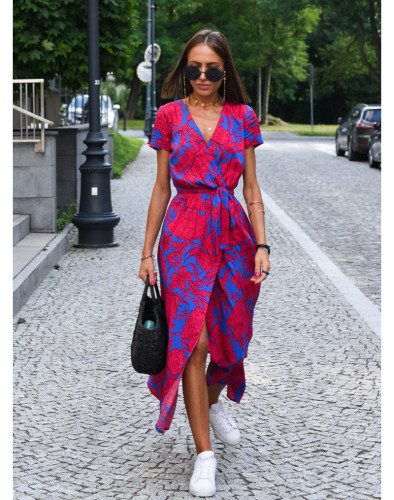 Print Short Sleeve V-neck Chic Slim Waist Long Dress