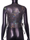 Sexy Hollow Out Rhinestone Fishnet Sleeveless Crop Top