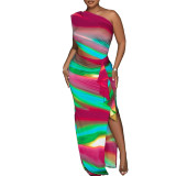 Sexy Colorful Print Slash Shoulder Cutout Ruffle Slit Maxi Dress