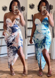 Plus Size Print Strapless Top and Slit Skirt Two Pieces