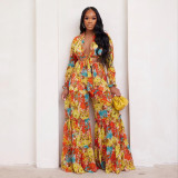 Fashion Print Chiffon Long Sleeve Tie Blouse Bell Bottom Pants 2PCS Set
