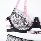 Sexy Embroidered Underwear Contrast 3PCS Rhinestone Lingerie Set