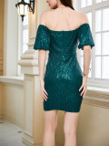 Sexy Green Sequin Off Shoulder Short Sleeve Bodycon Party Dress
