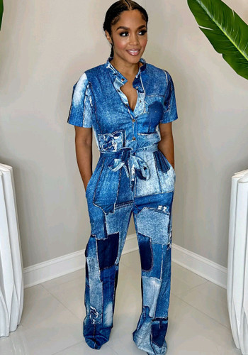 Fake Denim Print Long Sleeve Casual Plus Size Casual Jumpsuit for Women