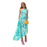 Print Slash Shoulder Floral Irregular Pleated Maxi Dress