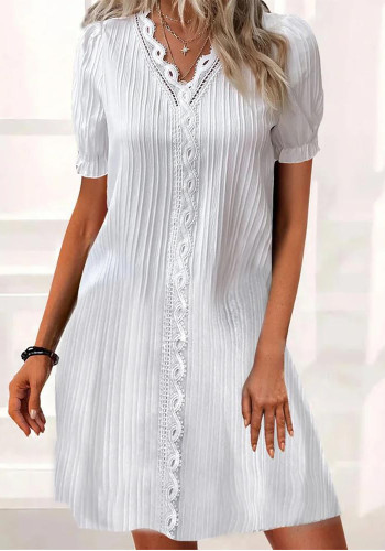 White V Neck Lace Trim Short Sleeve Elegant Loose Dress