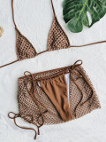 Solid Mesh Three-Piece Swimwear Bikini Set with Cover-Up Skirt