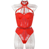 Mesh Patchwork Metal Trim Halter Neck Strappy Sexy lingerie set