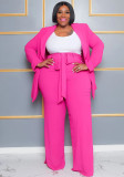 Plus Size Fashion Career Long Sleeve Blazer Belted Trousers 2-Piece Set