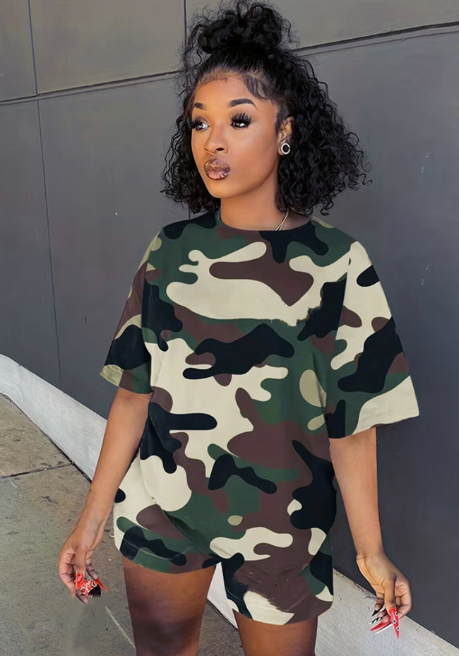 Round Neck Camo Loose Casual Two Piece Shorts Set