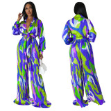 Printed 2PC Set Deep V Tie Front Long Sleeve Top and Pleated Pants