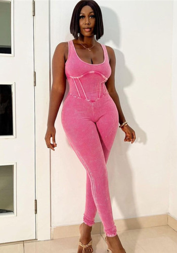 Sleeveless High Waist Tight Fit Ribbed Sports Jumpsuit