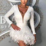 Sexy Deep V Bodycon Feather Trim Splicing Party Dress