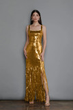 Golden Sequin Sleeveless Straps Tassel Slim Evening Dress