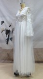 White Sexy Long Slit Sleeve V-Neck Lace Mesh Bridal Wedding Dress