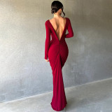 Sexy Two Way Solid V Neck Ruched Details Long Sleeve Maxi Dress