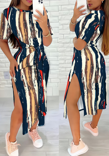 Womens Geometric Print Short Sleeve Slit Bodycon Dress