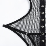 Erotic Teddies Lingerie Black Cross Patchwork Eyelets Fishnet Hollowed See-Through Bodysuit