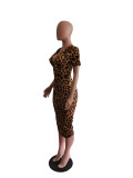 Trendy Leopard Print Short Sleeve V-Neck Bodycon Dress