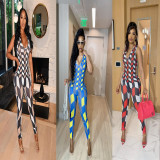 Sports V-Neck Print Sexy Tight Sleeveless Jumpsuit