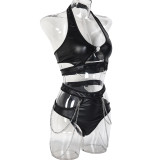 Black PU Leather Chain Two-piece Underwear Hollowed Halter Neck Low Back Bra and Pantie