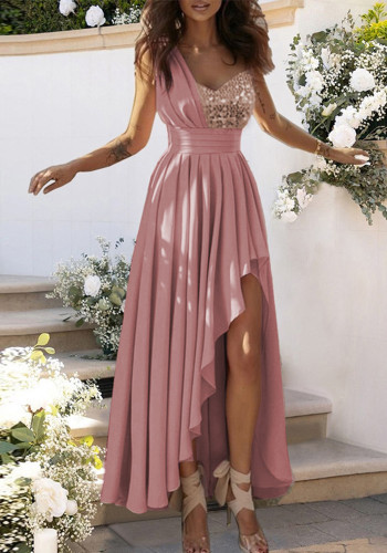 Sequin Patchwork Pink Sleeveless Irregular Maxi Dress