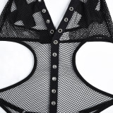 Erotic Teddies Lingerie Black Cross Patchwork Eyelets Fishnet Hollowed See-Through Bodysuit