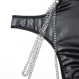 Black PU Leather Chain Two-piece Underwear Hollowed Halter Neck Low Back Bra and Pantie