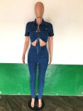 Sexy Fitted Stylish Cutout Short Sleeve Denim Jumpsuit