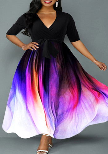 Print Half-Sleeve Belted Plus Size Patchwork Maxi Dress