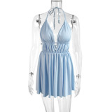 Blue Deep-V Halter Sexy Backless Skater Mini Dress