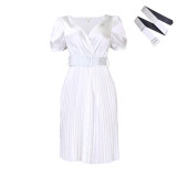 Solid V-Neck Sexy Short Sleeve Pleated Dress with Belt