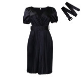 Solid V-Neck Sexy Short Sleeve Pleated Dress with Belt