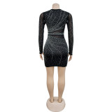 Black Long Sleeve Mesh Rhinestone See Through Club Dress