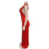Fashion Solid Slash Shoulder Low Back Ruched Irregular Maxi Dress