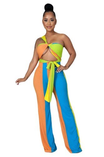 Plus Size Colorblock Lace-Up Crop Top High Waist Wide Leg Pants 2PCS Set