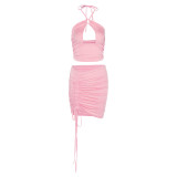 Sexy Solid Cutout Halter Neck Crop Top and Drawstring Ruched Skirt Set