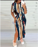 Womens Geometric Print Short Sleeve Slit Bodycon Dress