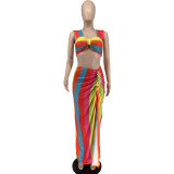 Fashion Striped Sexy Two Piece Long Skirt Set