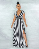 Short Sleeve Striped Slit Maxi Dress