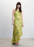 Print Slash Shoulder Floral Irregular Pleated Maxi Dress