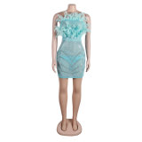 See-Through Feather Rhinestone Strapless Nightclub Bodycon Dress