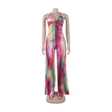 Sexy Print Twist V-Neck Cami Wide Leg Jumpsuit