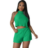 Sexy Pleated Two Piece Set Sleeveless Cropped Tank + Shorts